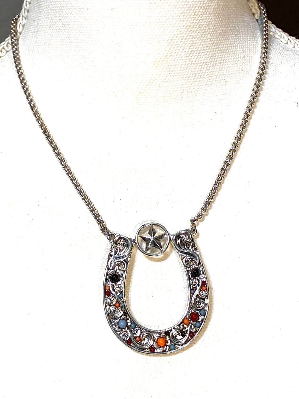 Western Horseshoe Pendant Necklace with Turquoise & Coral Accents - Picture 2 of 4